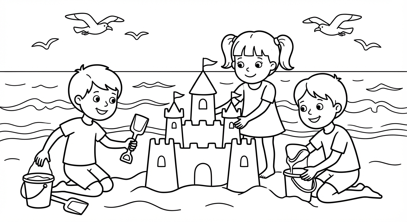 Beach scene coloring page
